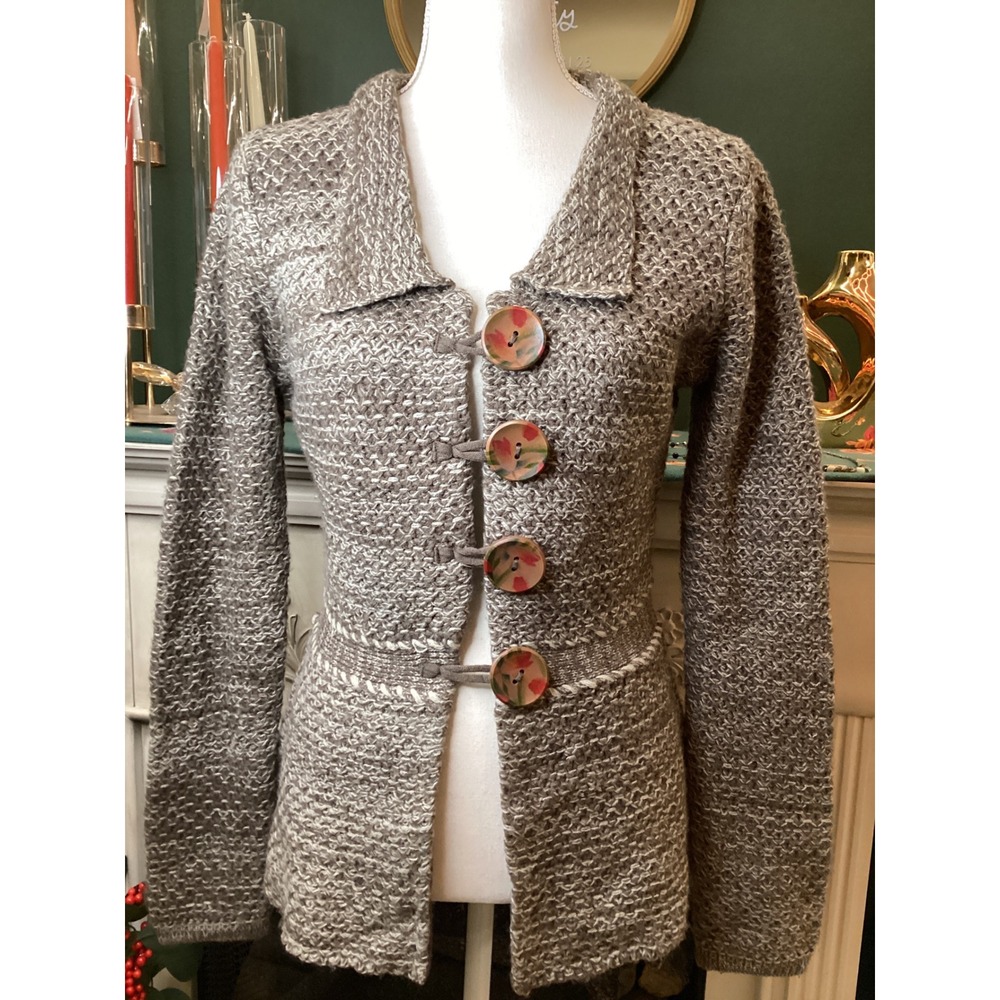 Nick & Mo Sweater SZ S Grey Excellent Floral Button Wool Blend